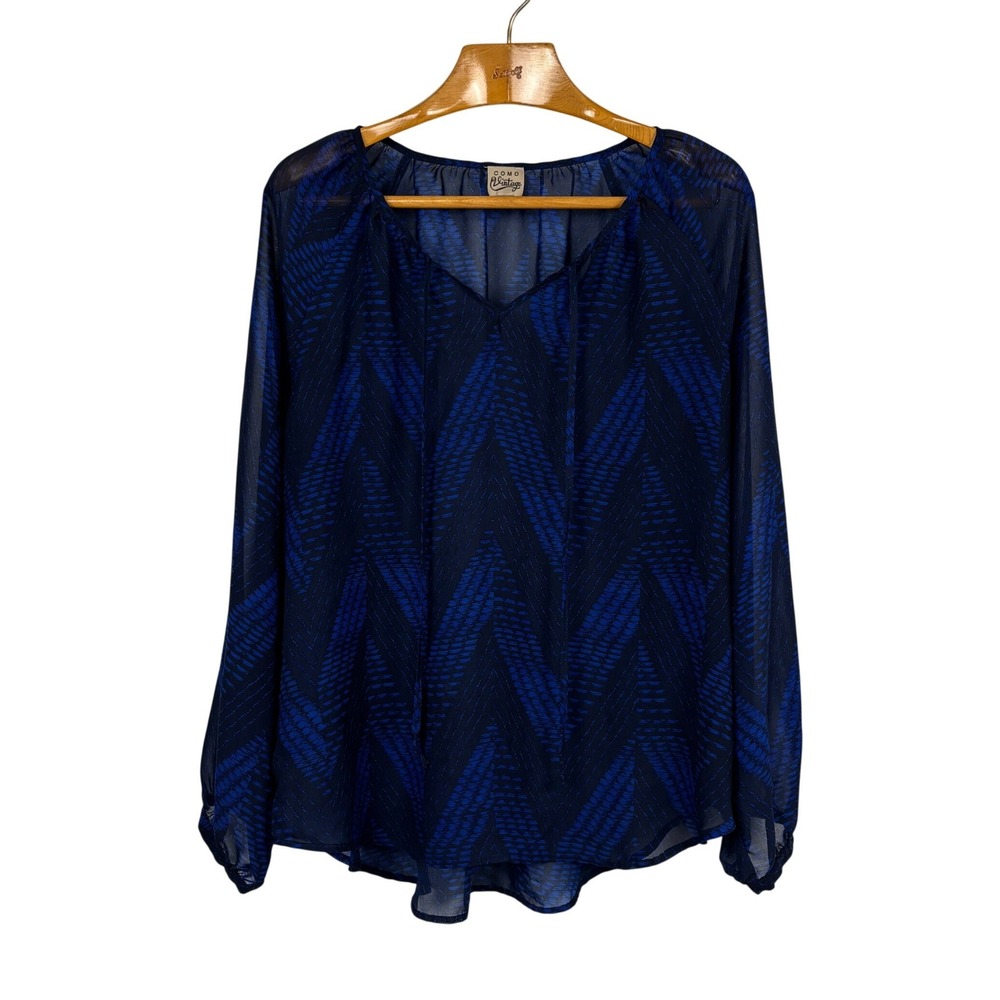 Como Vintage Womens 1X Blue Sheer Chevron Peasant Blouse Tie Neck‎ Boho Top